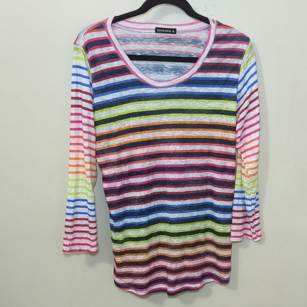 David Cline Rainbow Stripe Burnout T-Shirt 3/4 Sleeve Scoop Neck Women's Size XL
